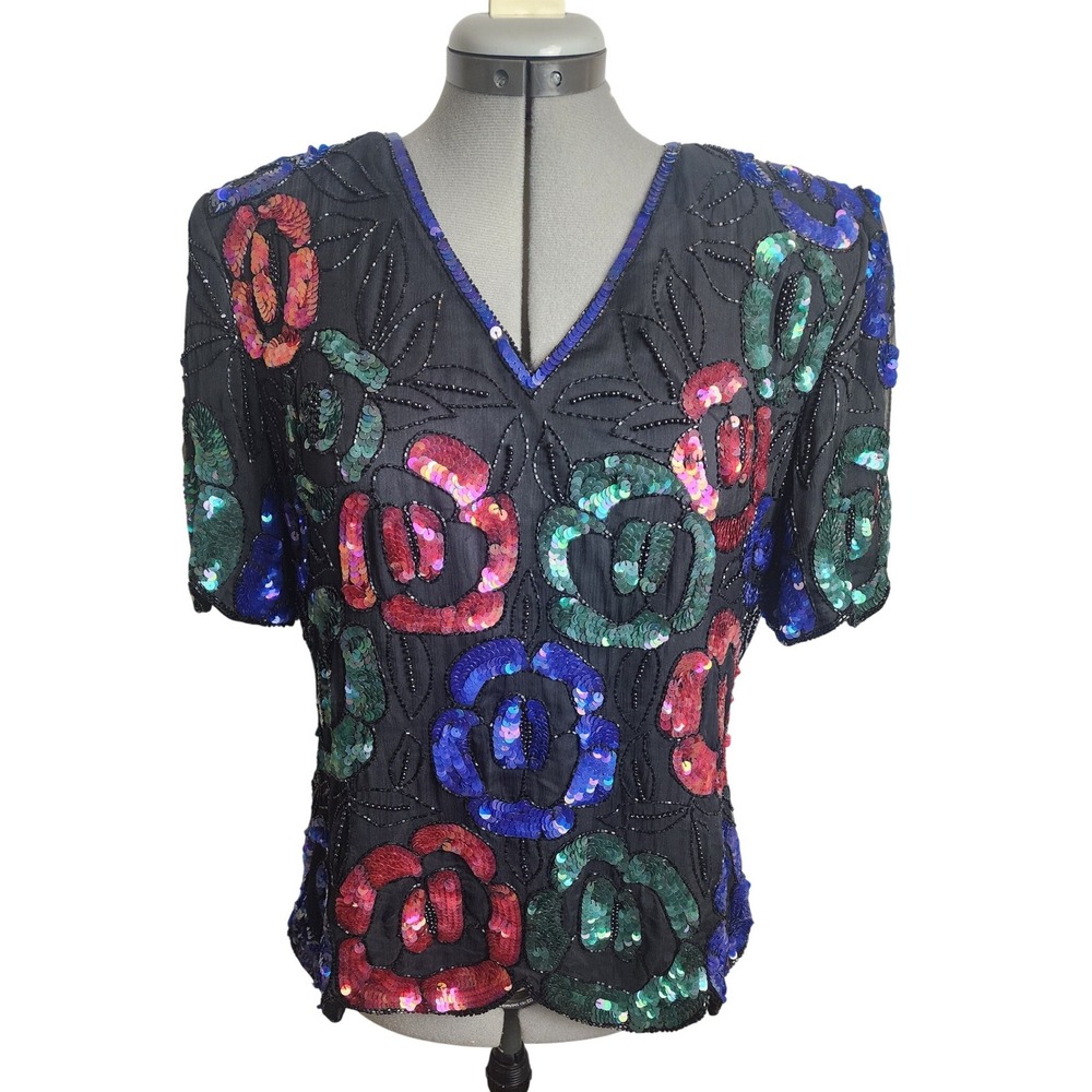 Stenay Vintage Silk Beaded Sequin Floral Top Black‎ Multicolor V-Neck Blouse L